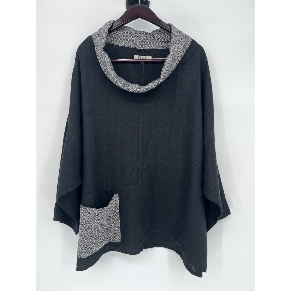 Flax 100% Linen 3/4 Sleeve Contrast Collar Tunic Black Womens Large Lagenlook